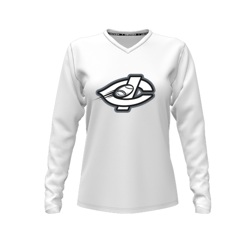 [CUS-DFW-TEES-CMF-VNK-LSL-WHT-FYXS-LOGO1] Decker Comfort T-Shirt (Female Youth XS, White, V Neck, Logo 1, Long Sleeve)