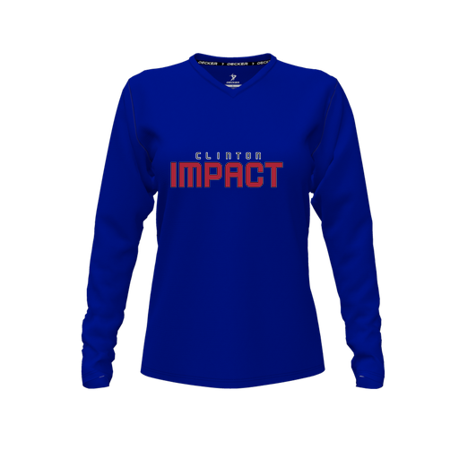 [CUS-DFW-TEES-CMF-VNK-LSL-RYL-FYXS-LOGO2] Decker Comfort T-Shirt (Female Youth XS, Royal, V Neck, Logo 2, Long Sleeve)