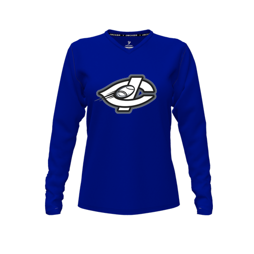 [CUS-DFW-TEES-PER-VNK-LSL-RYL-FYXS-LOGO1] Decker Performance T-Shirt (Female Youth XS, Royal, V Neck, Logo 1, Long Sleeve)