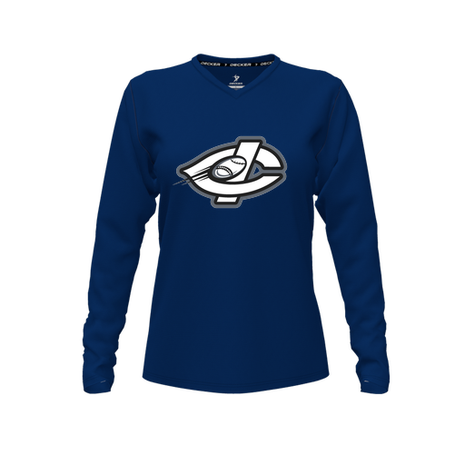 [CUS-DFW-TEES-CMF-VNK-LSL-NVY-FYXS-LOGO1] Decker Comfort T-Shirt (Female Youth XS, Navy, V Neck, Logo 1, Long Sleeve)