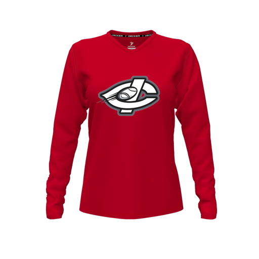 [CUS-DFW-TEES-CMF-VNK-LSL-RED-FYXS-LOGO1] Decker Comfort T-Shirt (Female Youth XS, Red, V Neck, Logo 1, Long Sleeve)