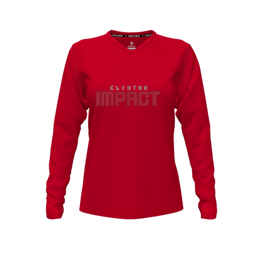 [CUS-DFW-TEES-PER-VNK-LSL-RED-FYXS-LOGO2] Decker Performance T-Shirt (Female Youth XS, Red, V Neck, Logo 2, Long Sleeve)