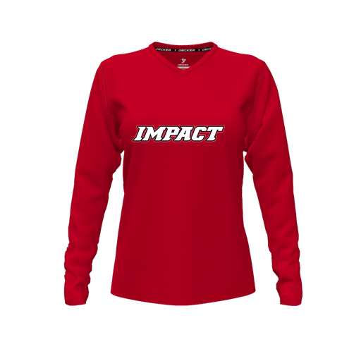 [CUS-DFW-TEES-PER-VNK-LSL-RED-FYXS-LOGO3] Performance T-Shirt (Female Youth XS, Red, V Neck, Logo 3, Long Sleeve)