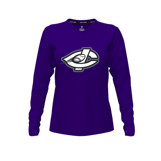 [CUS-DFW-TEES-PER-VNK-LSL-PUR-FYXS-LOGO1] Decker Performance T-Shirt (Female Youth XS, Purple, V Neck, Logo 1, Long Sleeve)